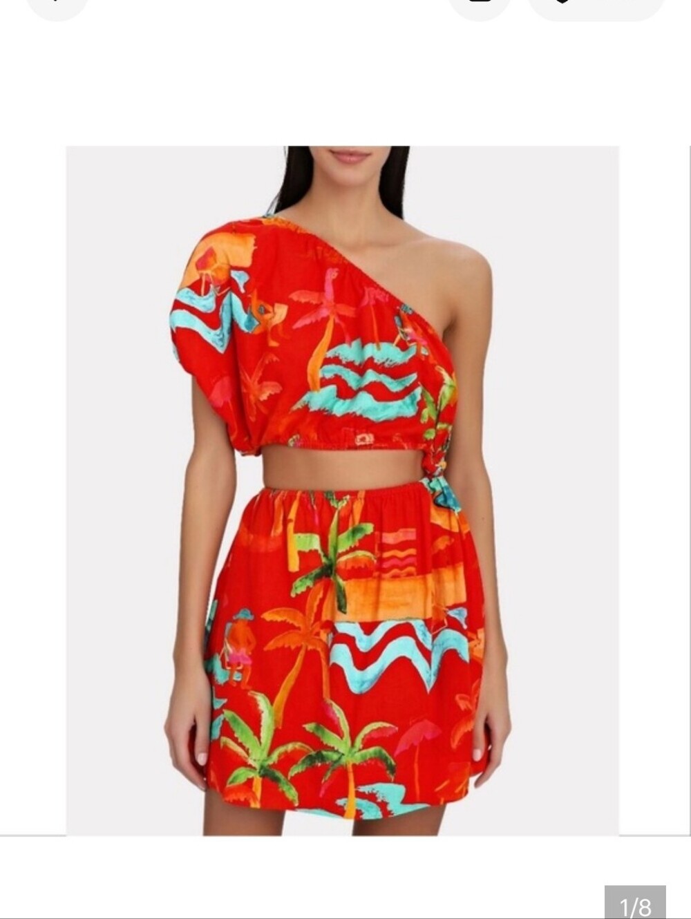 NWT FARM Rio Ipanema Tropical One-Shoulder Mini Dress - Red Tropical Print